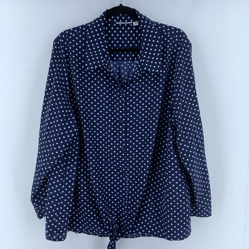 Susan Graver Womens 22W Button Up Tunic Top Polka Dot Tie Front Preppy Coastal - Picture 1 of 8